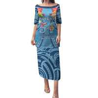 Fiji Day Family Matching Puletasi and Hawaiian Shirt Happy 54 Years Of Independence Tapa Pattern Blue LT14 Mom's Dress Blue - Polynesian Pride