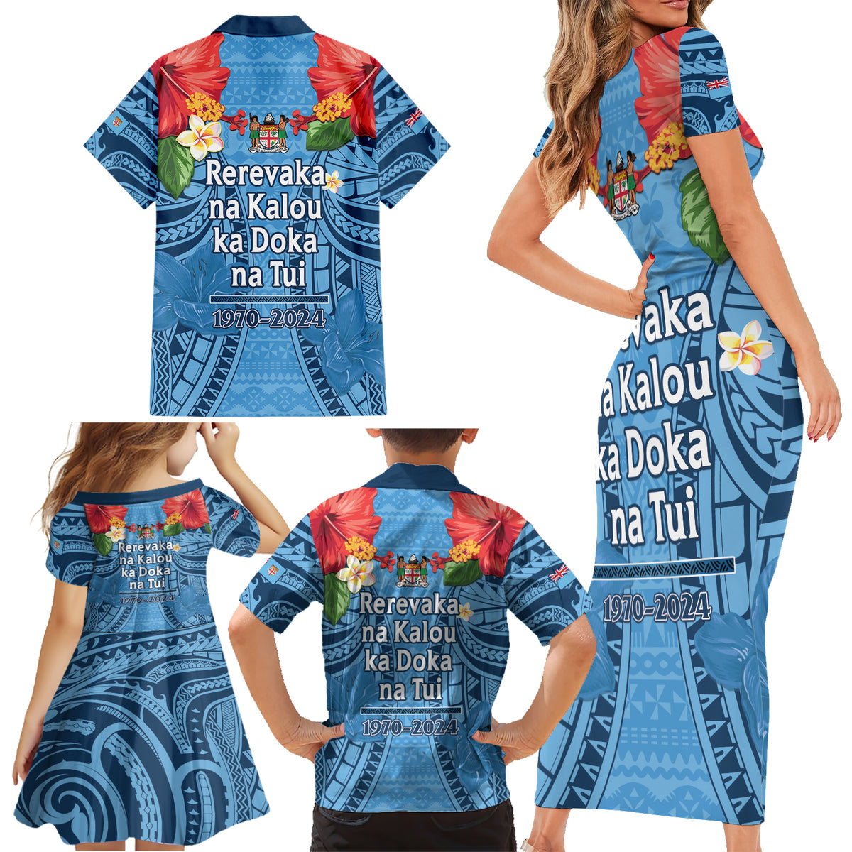 Fiji Day Family Matching Short Sleeve Bodycon Dress and Hawaiian Shirt Happy 54 Years Of Independence Tapa Pattern Blue LT14 - Polynesian Pride