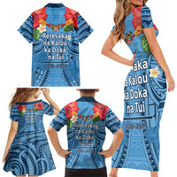 Fiji Day Family Matching Short Sleeve Bodycon Dress and Hawaiian Shirt Happy 54 Years Of Independence Tapa Pattern Blue LT14 - Polynesian Pride