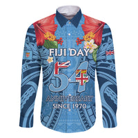 Fiji Day Family Matching Short Sleeve Bodycon Dress and Hawaiian Shirt Happy 54 Years Of Independence Tapa Pattern Blue LT14 Dad's Shirt - Long Sleeve Blue - Polynesian Pride