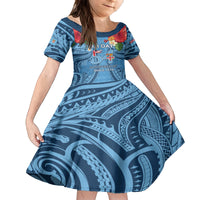 Fiji Day Family Matching Summer Maxi Dress and Hawaiian Shirt Happy 54 Years Of Independence Tapa Pattern Blue LT14 Daughter's Dress Blue - Polynesian Pride