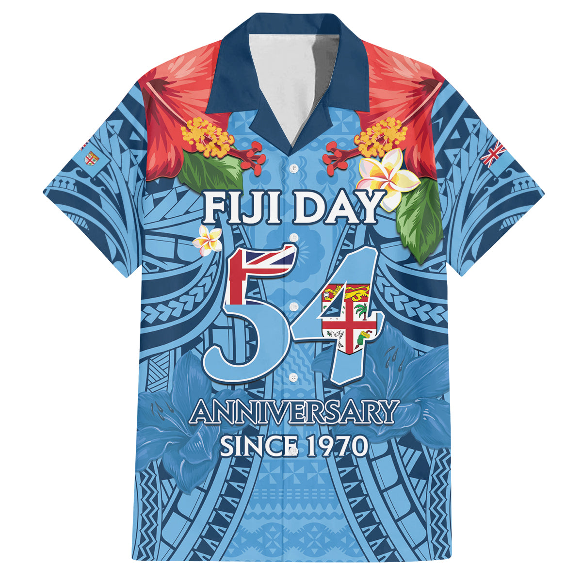 Fiji Day Family Matching Summer Maxi Dress and Hawaiian Shirt Happy 54 Years Of Independence Tapa Pattern Blue LT14 Dad's Shirt - Short Sleeve Blue - Polynesian Pride