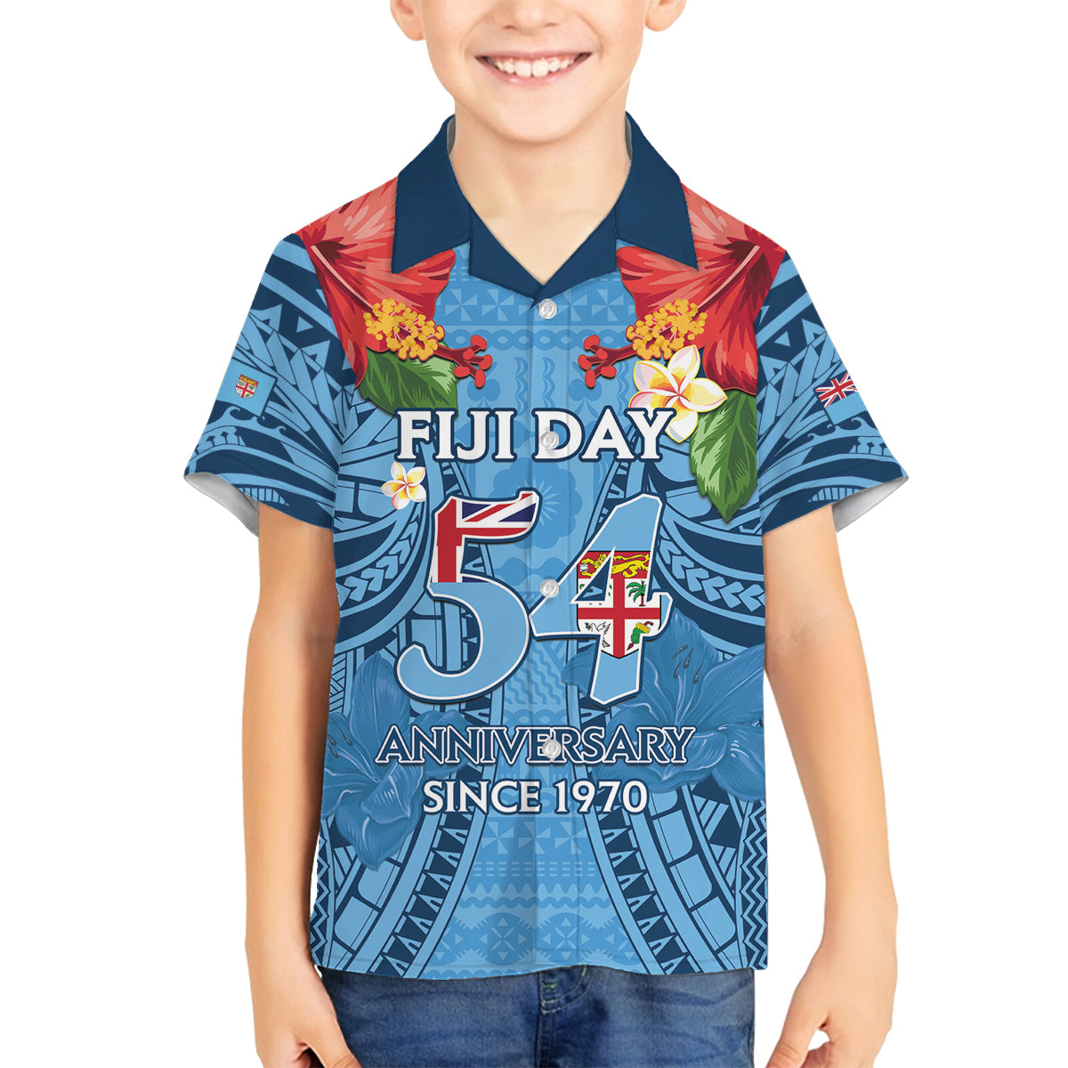 Fiji Day Family Matching Summer Maxi Dress and Hawaiian Shirt Happy 54 Years Of Independence Tapa Pattern Blue LT14 Son's Shirt Blue - Polynesian Pride