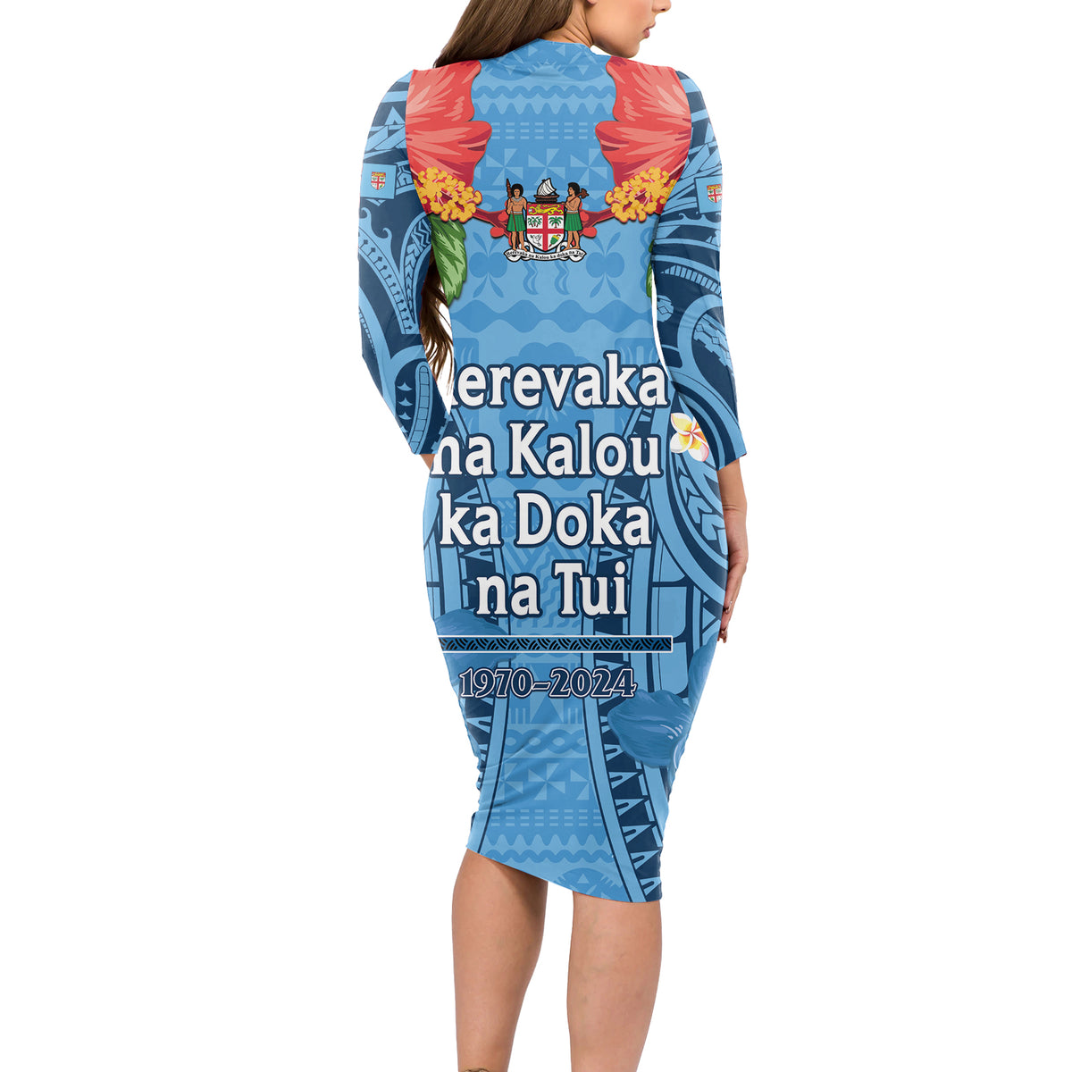 Fiji Day Long Sleeve Bodycon Dress Happy 54 Years Of Independence Tapa Pattern Blue