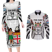 Fiji Day Couples Matching Long Sleeve Bodycon Dress and Long Sleeve Button Shirt Happy 54 Years Of Independence Tapa Pattern White LT14 White - Polynesian Pride