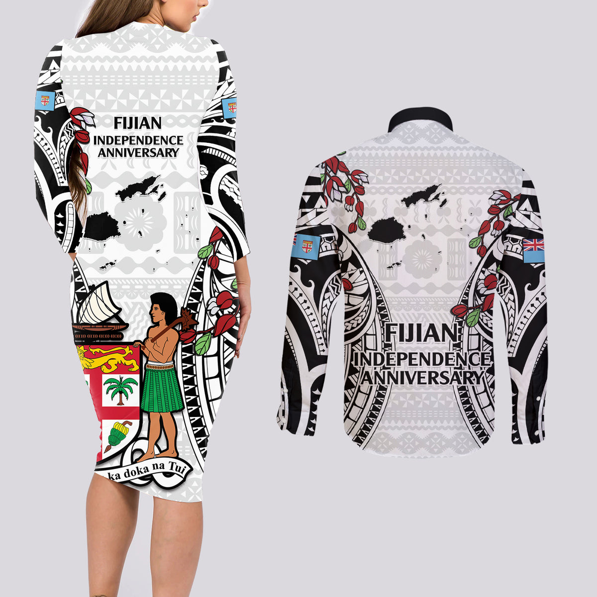 Fiji Day Couples Matching Long Sleeve Bodycon Dress and Long Sleeve Button Shirt Happy 54 Years Of Independence Tapa Pattern White LT14 - Polynesian Pride