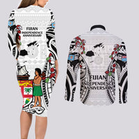 Fiji Day Couples Matching Long Sleeve Bodycon Dress and Long Sleeve Button Shirt Happy 54 Years Of Independence Tapa Pattern White LT14 - Polynesian Pride