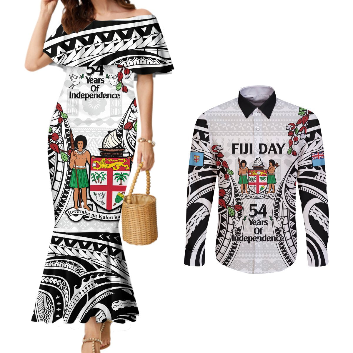 Fiji Day Couples Matching Mermaid Dress and Long Sleeve Button Shirt Happy 54 Years Of Independence Tapa Pattern White LT14 White - Polynesian Pride