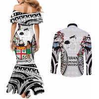 Fiji Day Couples Matching Mermaid Dress and Long Sleeve Button Shirt Happy 54 Years Of Independence Tapa Pattern White LT14 - Polynesian Pride