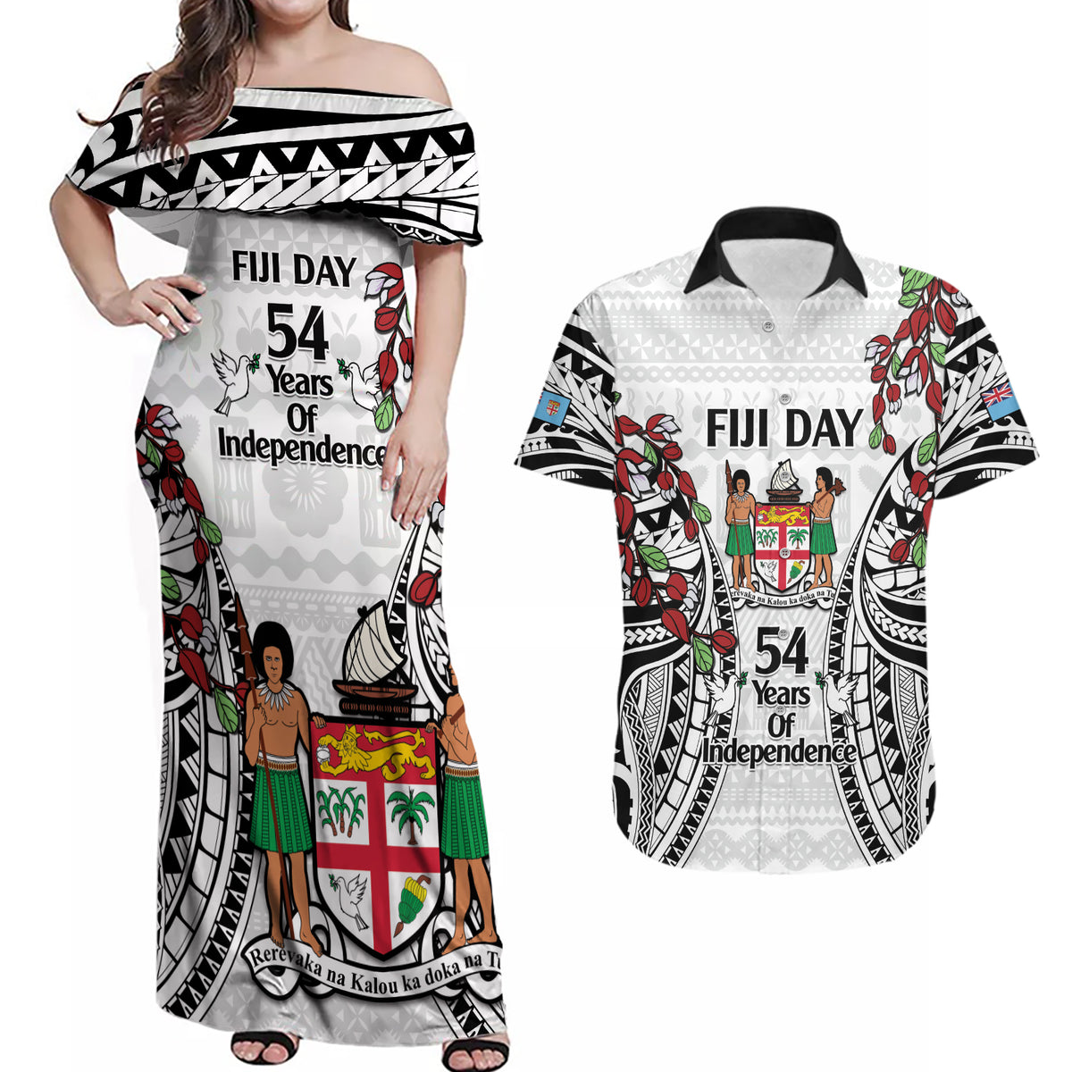 Fiji Day Couples Matching Off Shoulder Maxi Dress and Hawaiian Shirt Happy 54 Years Of Independence Tapa Pattern White LT14 White - Polynesian Pride