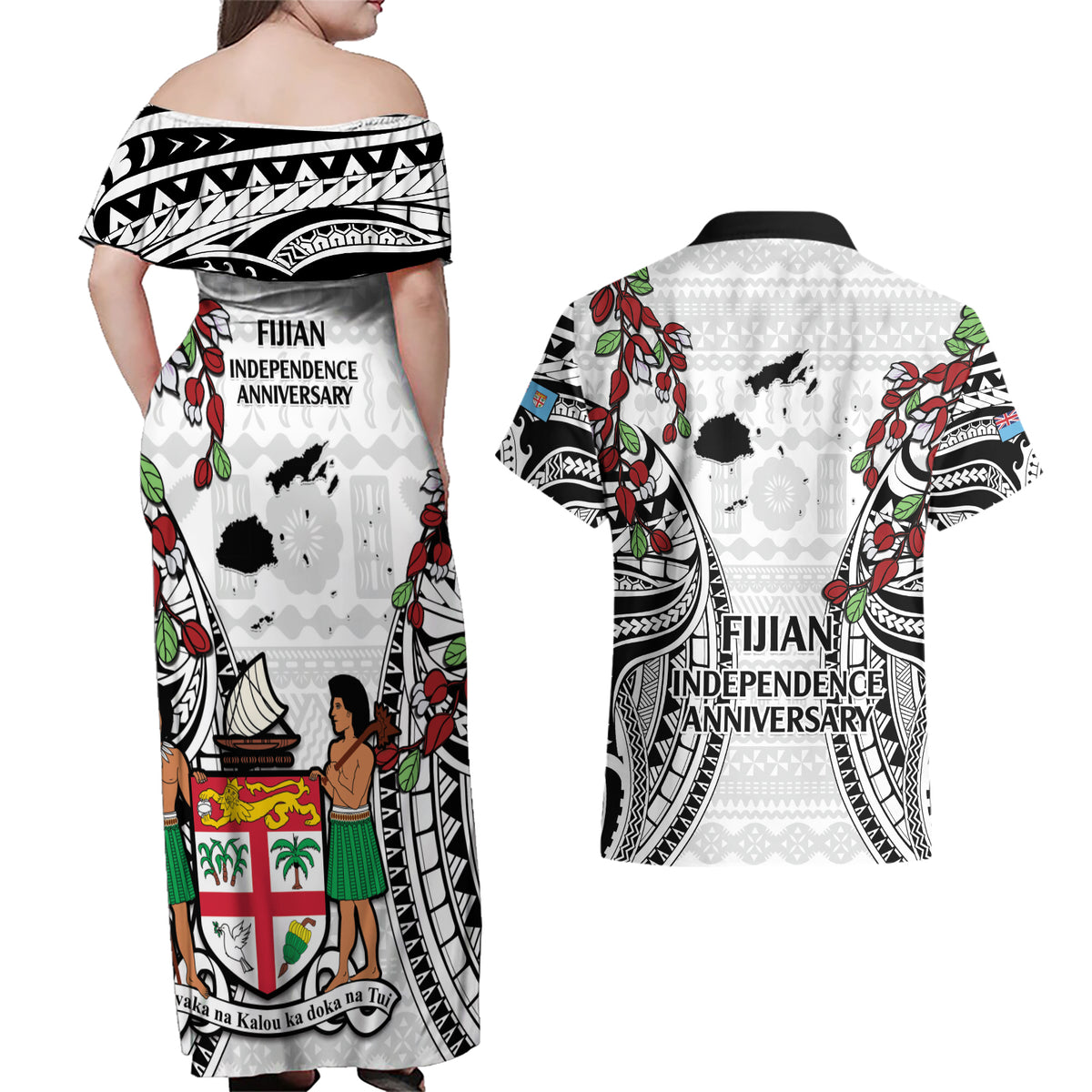 Fiji Day Couples Matching Off Shoulder Maxi Dress and Hawaiian Shirt Happy 54 Years Of Independence Tapa Pattern White LT14 - Polynesian Pride
