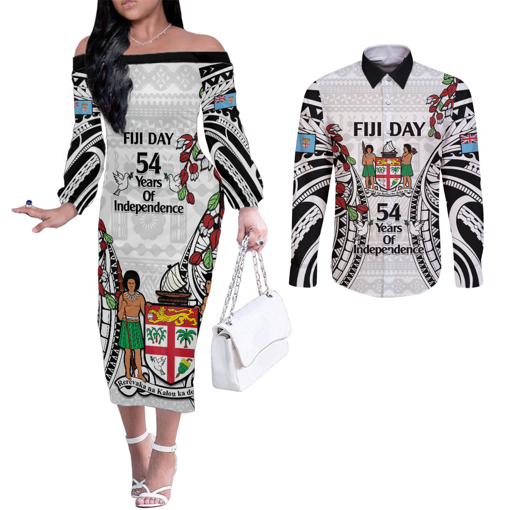 Fiji Day Couples Matching Off The Shoulder Long Sleeve Dress and Long Sleeve Button Shirt Happy 54 Years Of Independence Tapa Pattern White LT14 White - Polynesian Pride