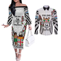 Fiji Day Couples Matching Off The Shoulder Long Sleeve Dress and Long Sleeve Button Shirt Happy 54 Years Of Independence Tapa Pattern White LT14 White - Polynesian Pride
