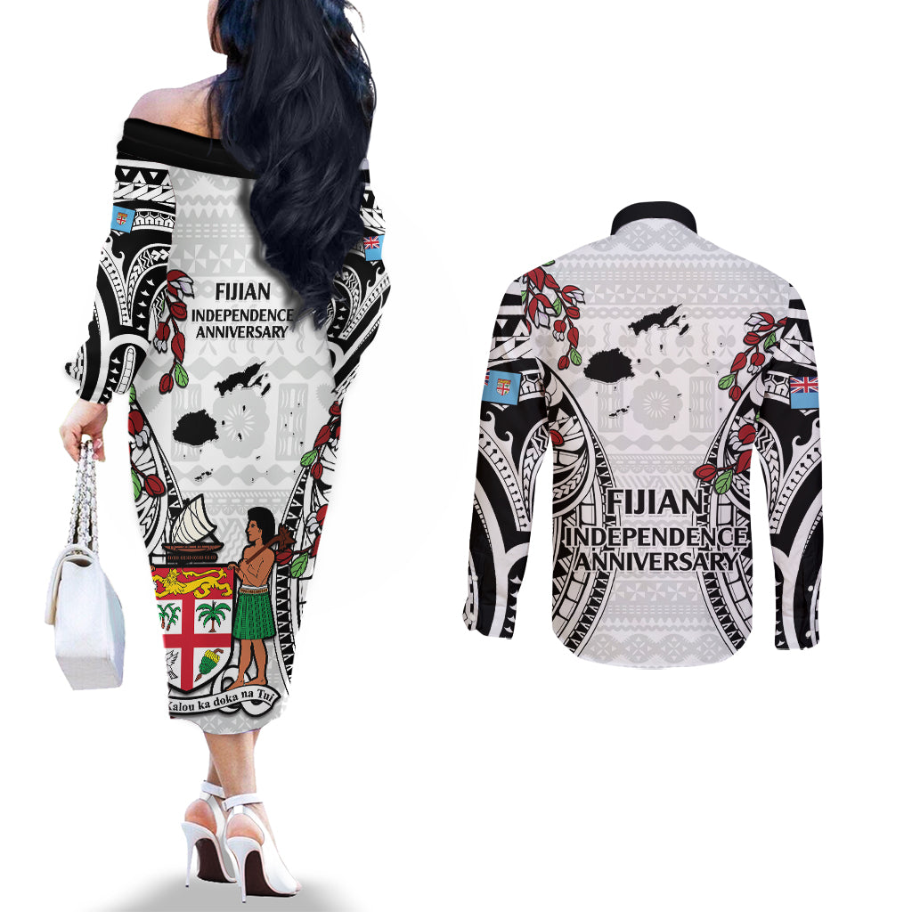 Fiji Day Couples Matching Off The Shoulder Long Sleeve Dress and Long Sleeve Button Shirt Happy 54 Years Of Independence Tapa Pattern White LT14 - Polynesian Pride