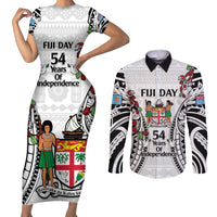 Fiji Day Couples Matching Short Sleeve Bodycon Dress and Long Sleeve Button Shirt Happy 54 Years Of Independence Tapa Pattern White LT14 White - Polynesian Pride