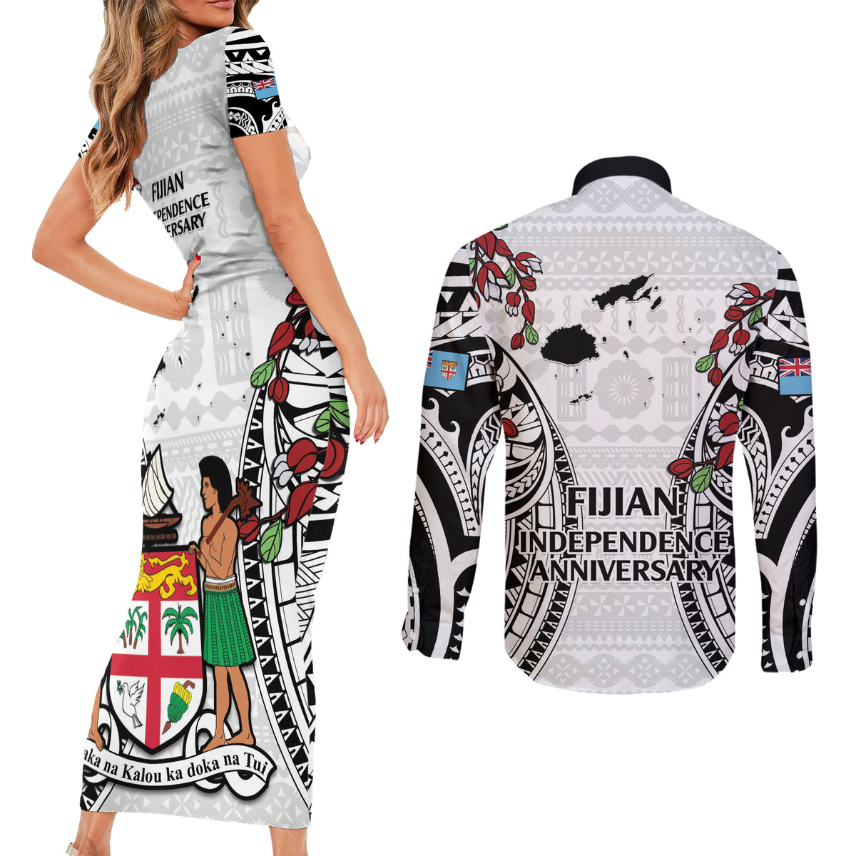 Fiji Day Couples Matching Short Sleeve Bodycon Dress and Long Sleeve Button Shirt Happy 54 Years Of Independence Tapa Pattern White LT14 - Polynesian Pride
