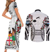 Fiji Day Couples Matching Short Sleeve Bodycon Dress and Long Sleeve Button Shirt Happy 54 Years Of Independence Tapa Pattern White LT14 - Polynesian Pride