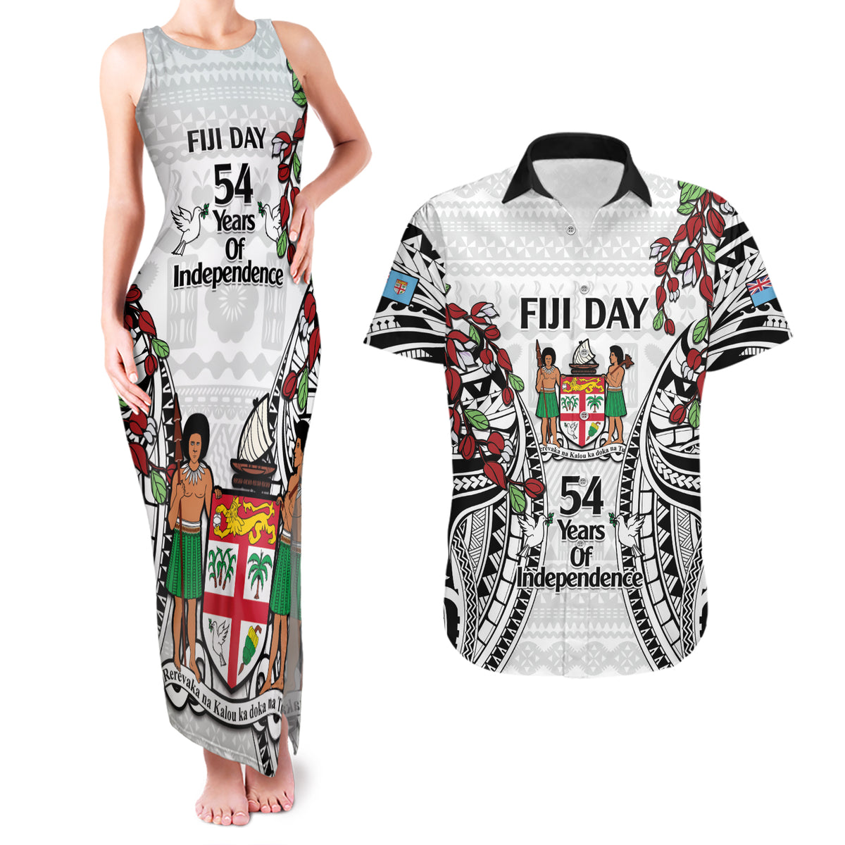 Fiji Day Couples Matching Tank Maxi Dress and Hawaiian Shirt Happy 54 Years Of Independence Tapa Pattern White LT14 White - Polynesian Pride