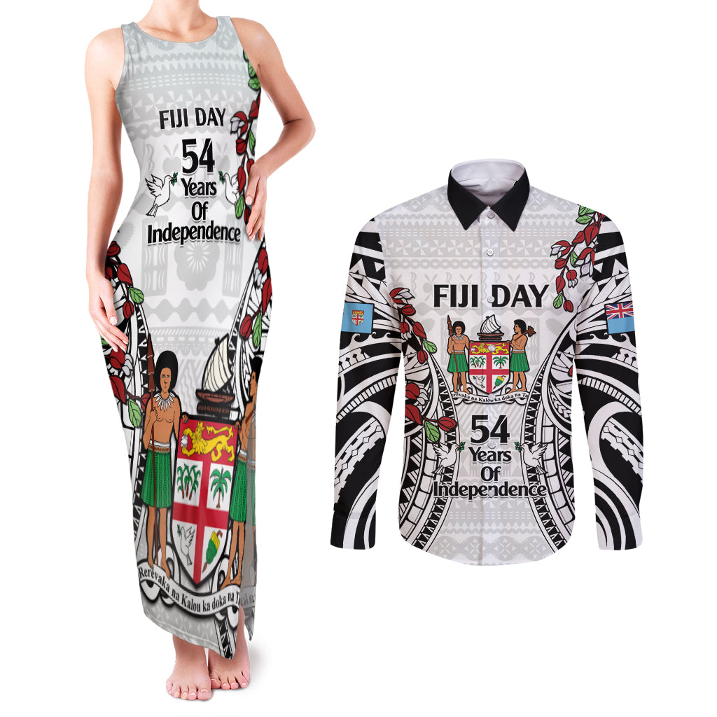 Fiji Day Couples Matching Tank Maxi Dress and Long Sleeve Button Shirt Happy 54 Years Of Independence Tapa Pattern White LT14 White - Polynesian Pride