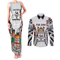 Fiji Day Couples Matching Tank Maxi Dress and Long Sleeve Button Shirt Happy 54 Years Of Independence Tapa Pattern White LT14 White - Polynesian Pride