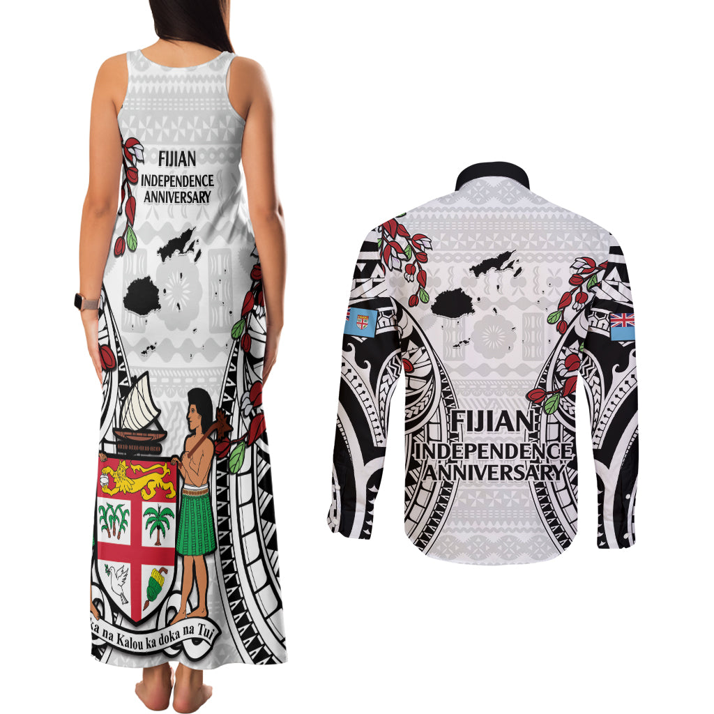 Fiji Day Couples Matching Tank Maxi Dress and Long Sleeve Button Shirt Happy 54 Years Of Independence Tapa Pattern White LT14 - Polynesian Pride