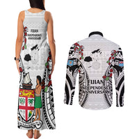 Fiji Day Couples Matching Tank Maxi Dress and Long Sleeve Button Shirt Happy 54 Years Of Independence Tapa Pattern White LT14 - Polynesian Pride