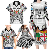 Fiji Day Family Matching Long Sleeve Bodycon Dress and Hawaiian Shirt Happy 54 Years Of Independence Tapa Pattern White LT14 - Polynesian Pride