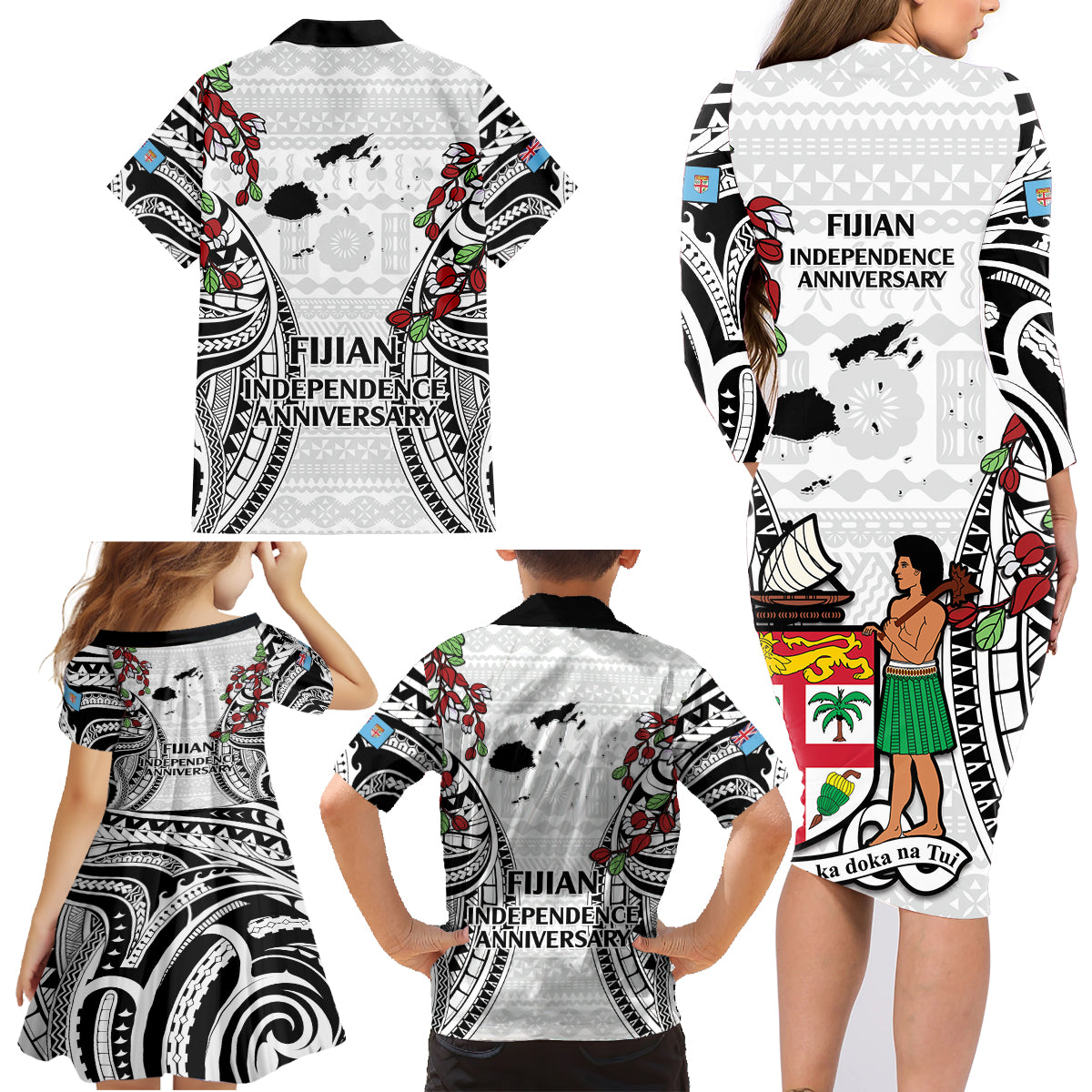 Fiji Day Family Matching Long Sleeve Bodycon Dress and Hawaiian Shirt Happy 54 Years Of Independence Tapa Pattern White LT14 - Polynesian Pride