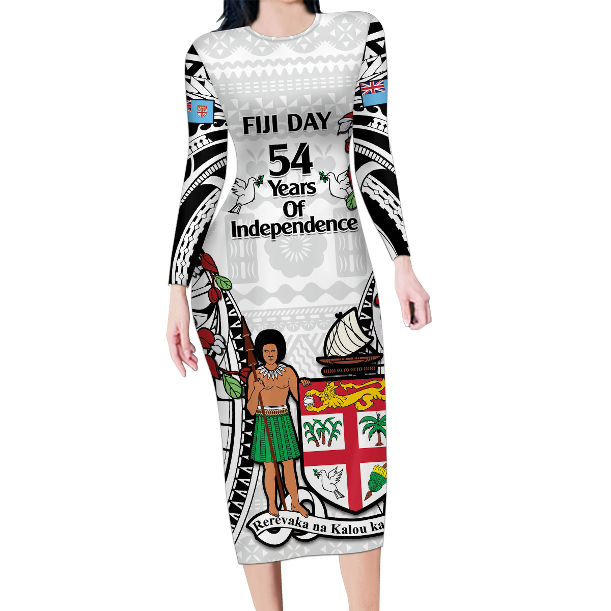 Fiji Day Family Matching Long Sleeve Bodycon Dress and Hawaiian Shirt Happy 54 Years Of Independence Tapa Pattern White LT14 Mom's Dress White - Polynesian Pride