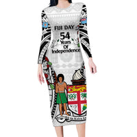 Fiji Day Family Matching Long Sleeve Bodycon Dress and Hawaiian Shirt Happy 54 Years Of Independence Tapa Pattern White LT14 Mom's Dress White - Polynesian Pride