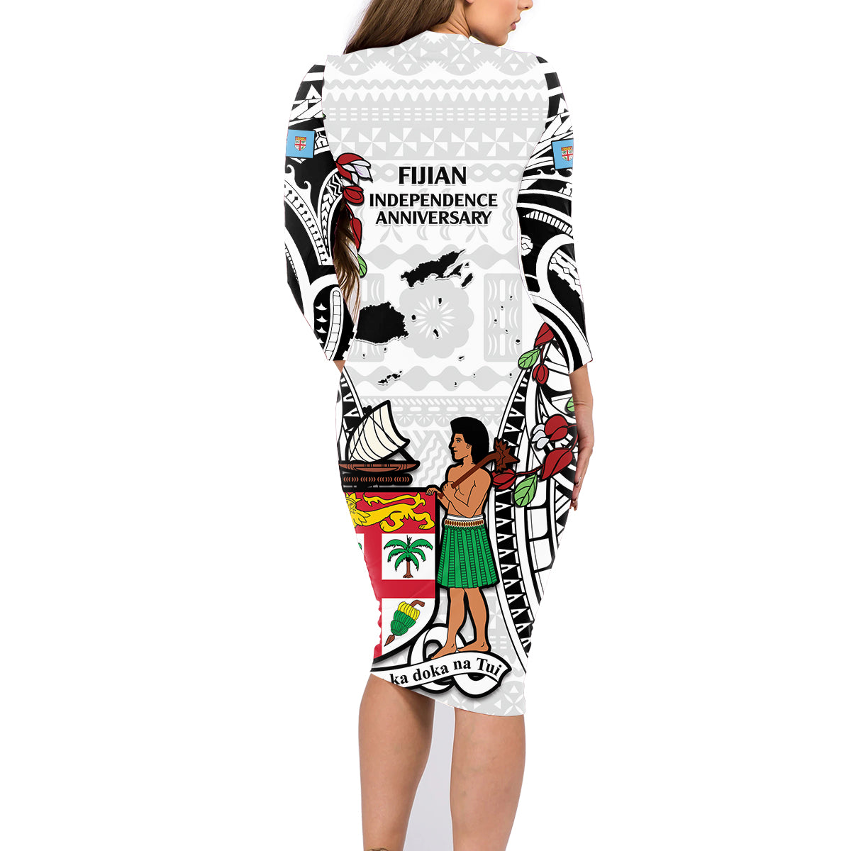 Fiji Day Family Matching Long Sleeve Bodycon Dress and Hawaiian Shirt Happy 54 Years Of Independence Tapa Pattern White LT14 - Polynesian Pride