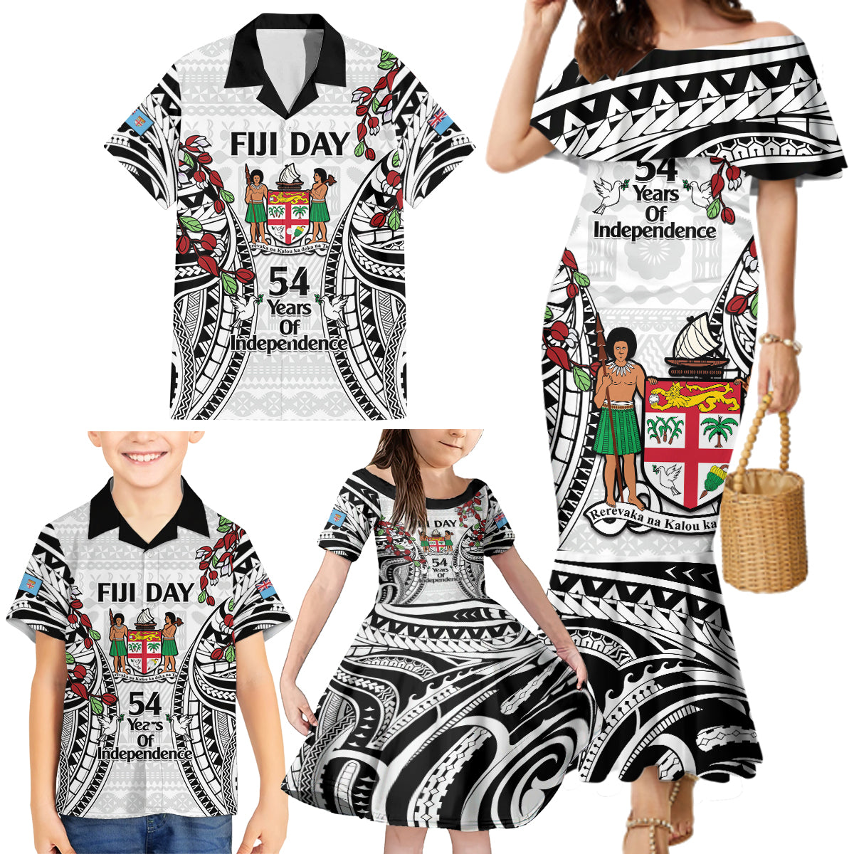 Fiji Day Family Matching Mermaid Dress and Hawaiian Shirt Happy 54 Years Of Independence Tapa Pattern White LT14 - Polynesian Pride