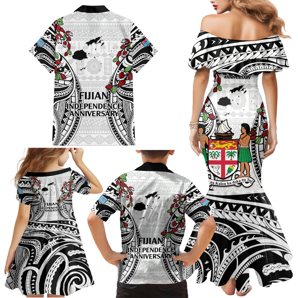 Fiji Day Family Matching Mermaid Dress and Hawaiian Shirt Happy 54 Years Of Independence Tapa Pattern White LT14 - Polynesian Pride