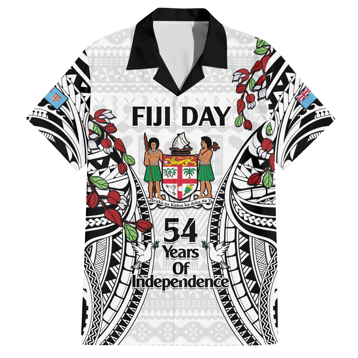Fiji Day Family Matching Off The Shoulder Long Sleeve Dress and Hawaiian Shirt Happy 54 Years Of Independence Tapa Pattern White LT14 Dad's Shirt - Short Sleeve White - Polynesian Pride