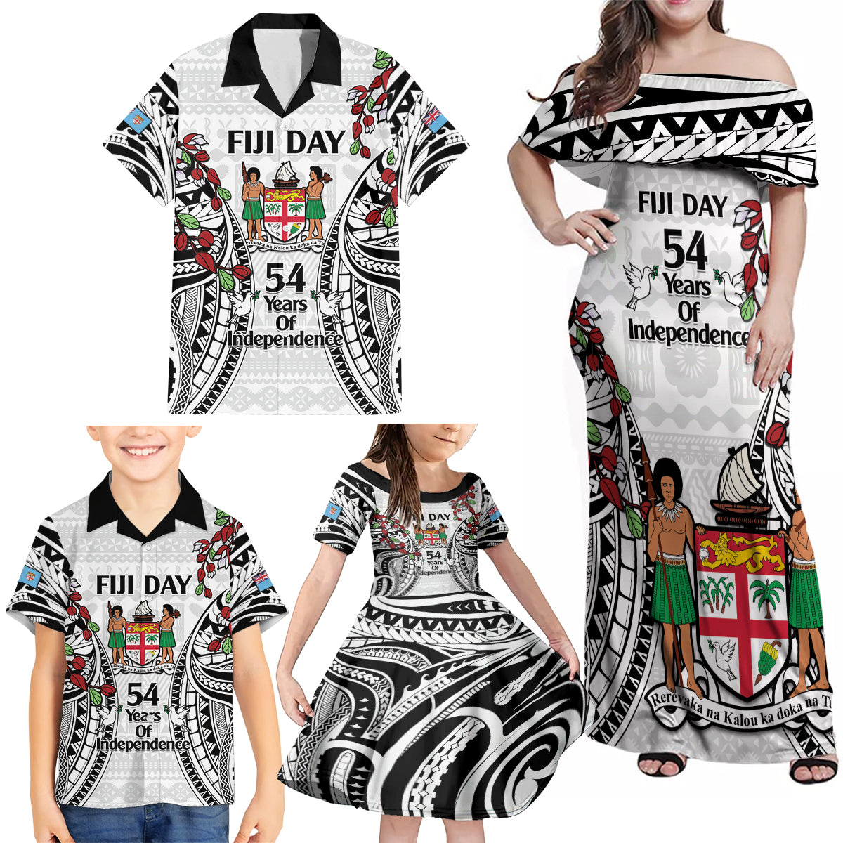 Fiji Day Family Matching Off Shoulder Maxi Dress and Hawaiian Shirt Happy 54 Years Of Independence Tapa Pattern White LT14 - Polynesian Pride