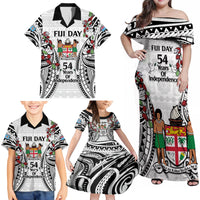 Fiji Day Family Matching Off Shoulder Maxi Dress and Hawaiian Shirt Happy 54 Years Of Independence Tapa Pattern White LT14 - Polynesian Pride
