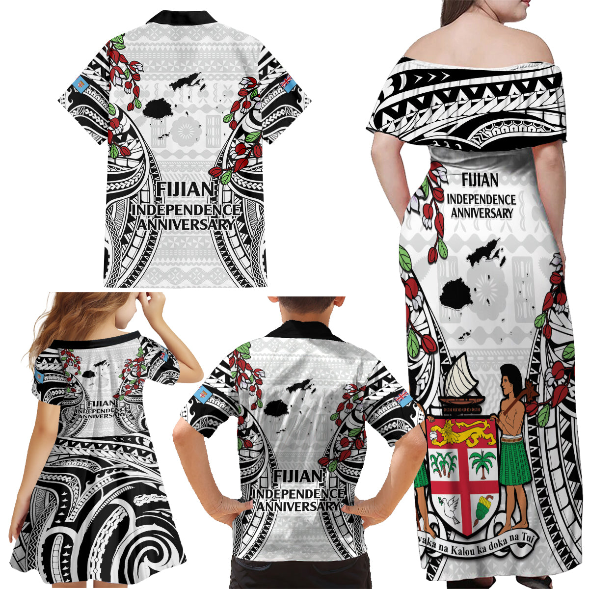 Fiji Day Family Matching Off Shoulder Maxi Dress and Hawaiian Shirt Happy 54 Years Of Independence Tapa Pattern White LT14 - Polynesian Pride