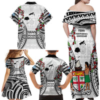 Fiji Day Family Matching Off Shoulder Maxi Dress and Hawaiian Shirt Happy 54 Years Of Independence Tapa Pattern White LT14 - Polynesian Pride