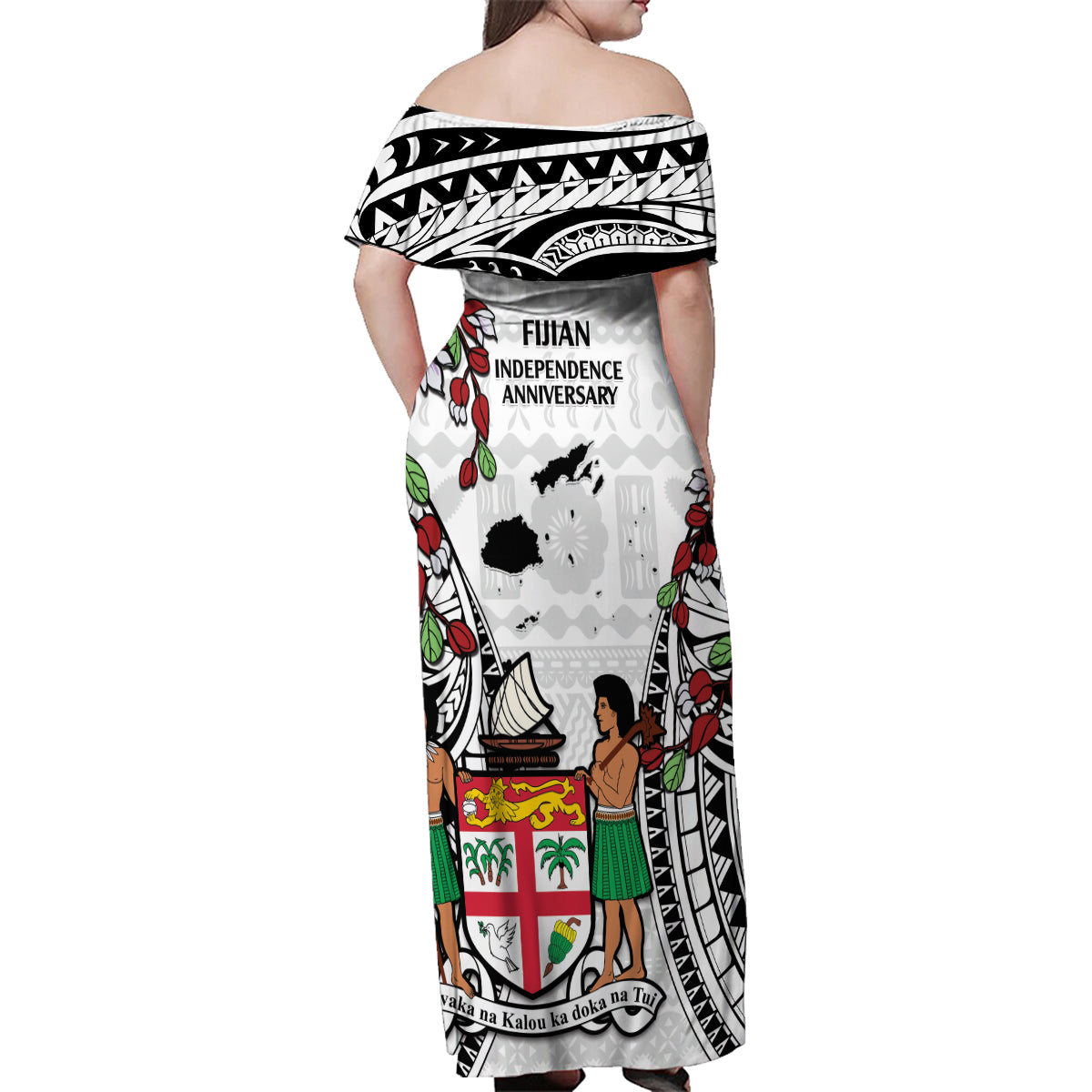 Fiji Day Family Matching Off Shoulder Maxi Dress and Hawaiian Shirt Happy 54 Years Of Independence Tapa Pattern White LT14 - Polynesian Pride