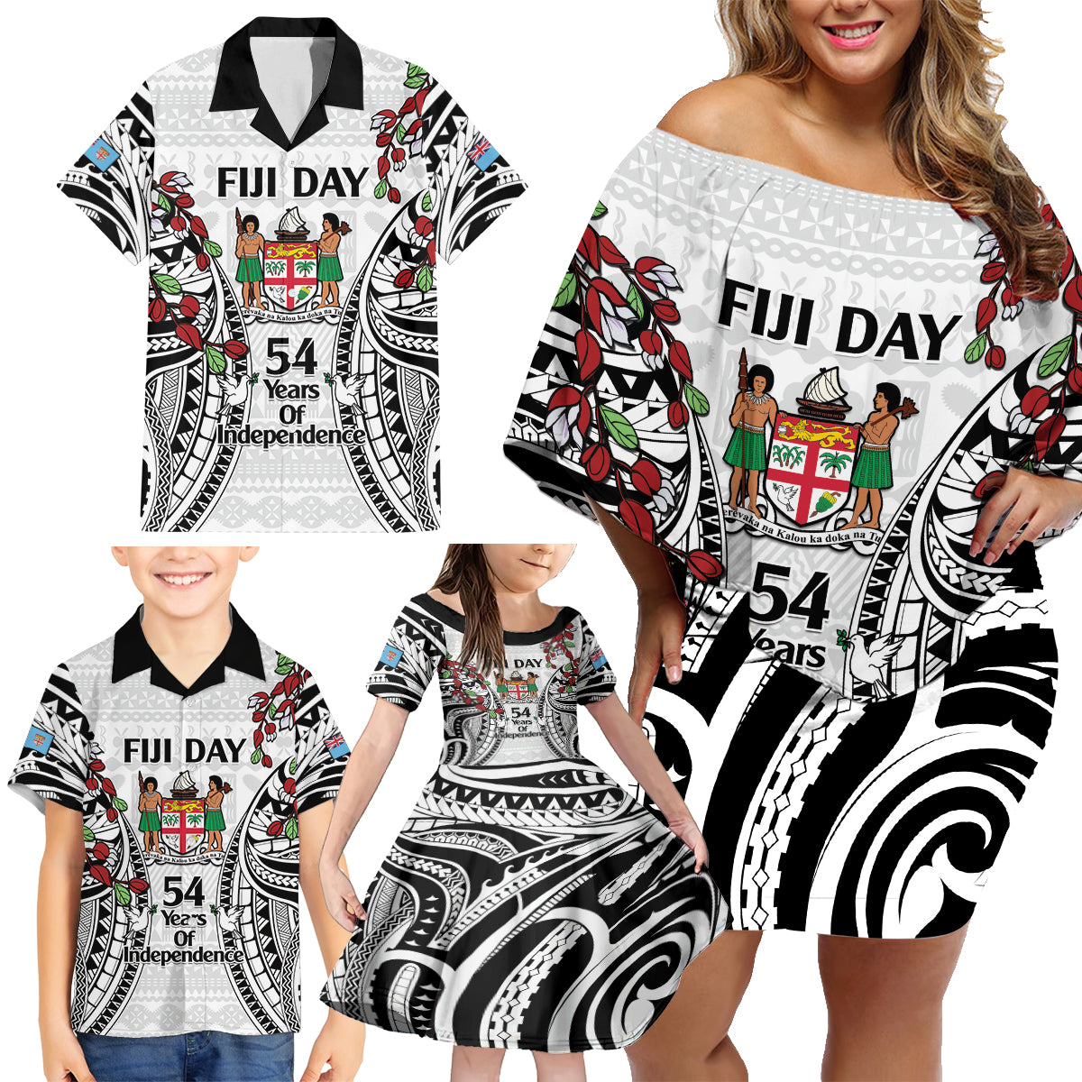 Fiji Day Family Matching Off Shoulder Short Dress and Hawaiian Shirt Happy 54 Years Of Independence Tapa Pattern White LT14 - Polynesian Pride