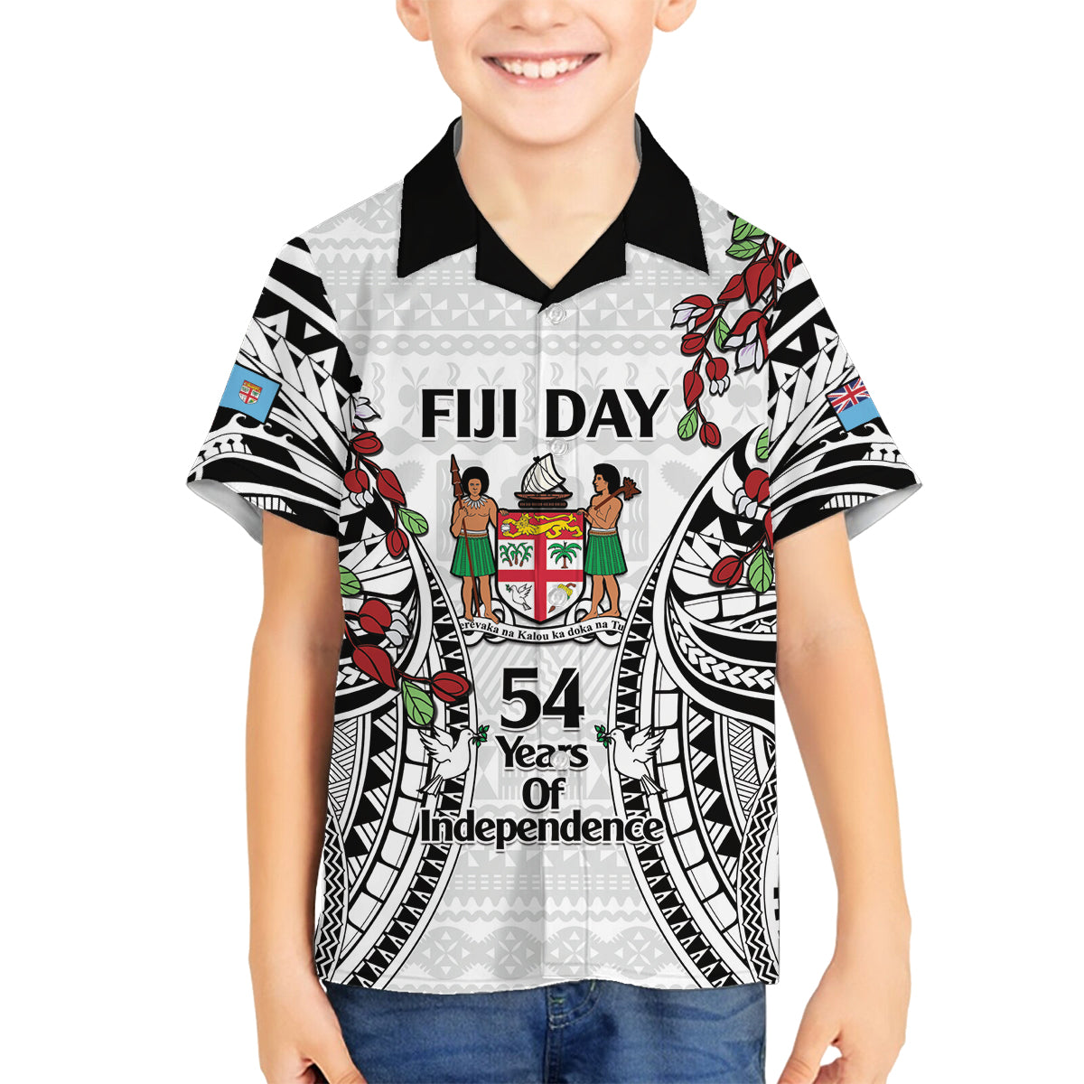 Fiji Day Family Matching Off Shoulder Short Dress and Hawaiian Shirt Happy 54 Years Of Independence Tapa Pattern White LT14 Son's Shirt White - Polynesian Pride