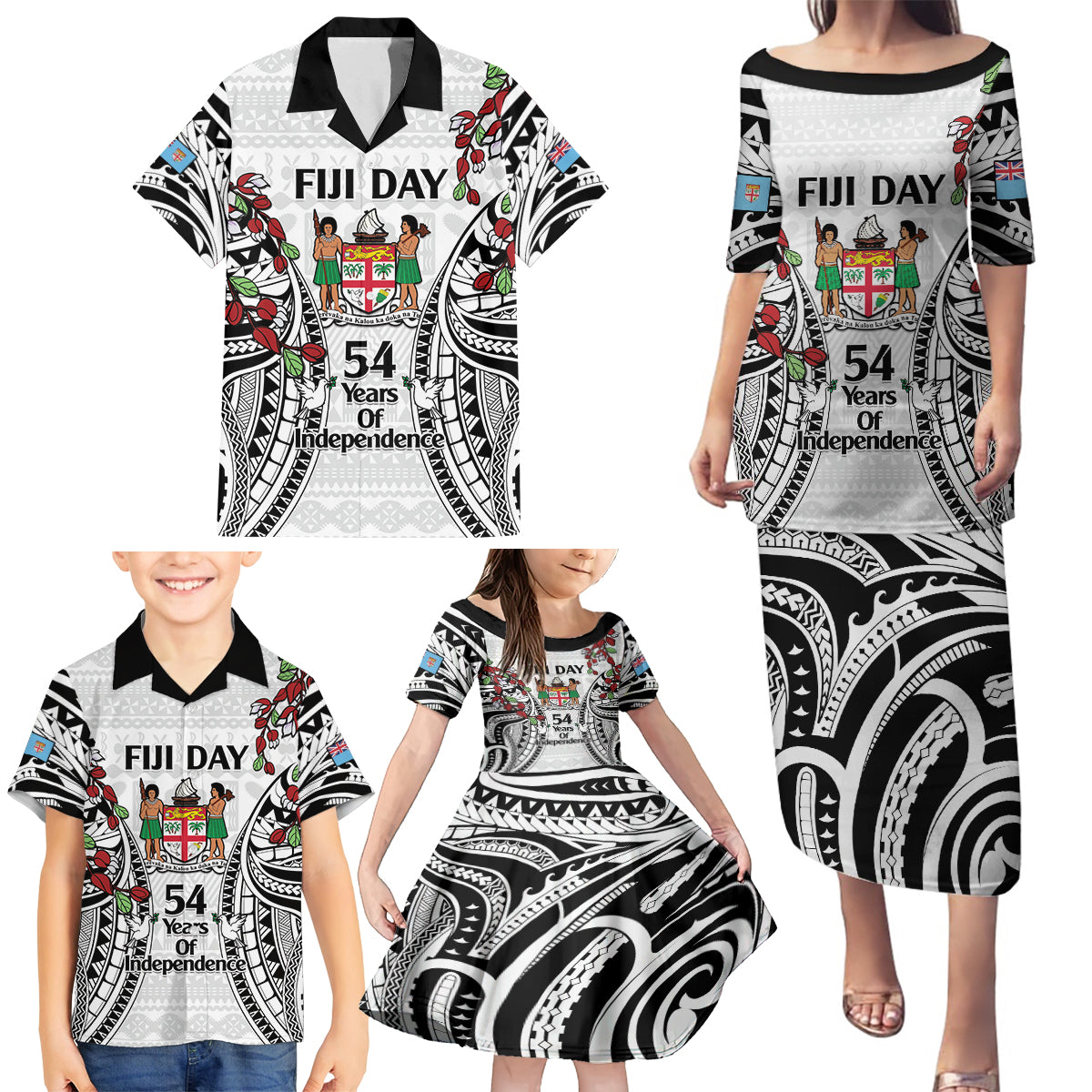Fiji Day Family Matching Puletasi and Hawaiian Shirt Happy 54 Years Of Independence Tapa Pattern White LT14 - Polynesian Pride