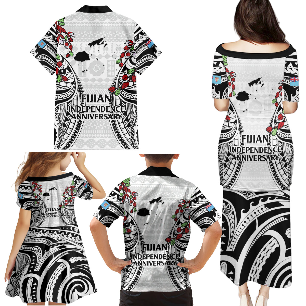 Fiji Day Family Matching Puletasi and Hawaiian Shirt Happy 54 Years Of Independence Tapa Pattern White LT14 - Polynesian Pride