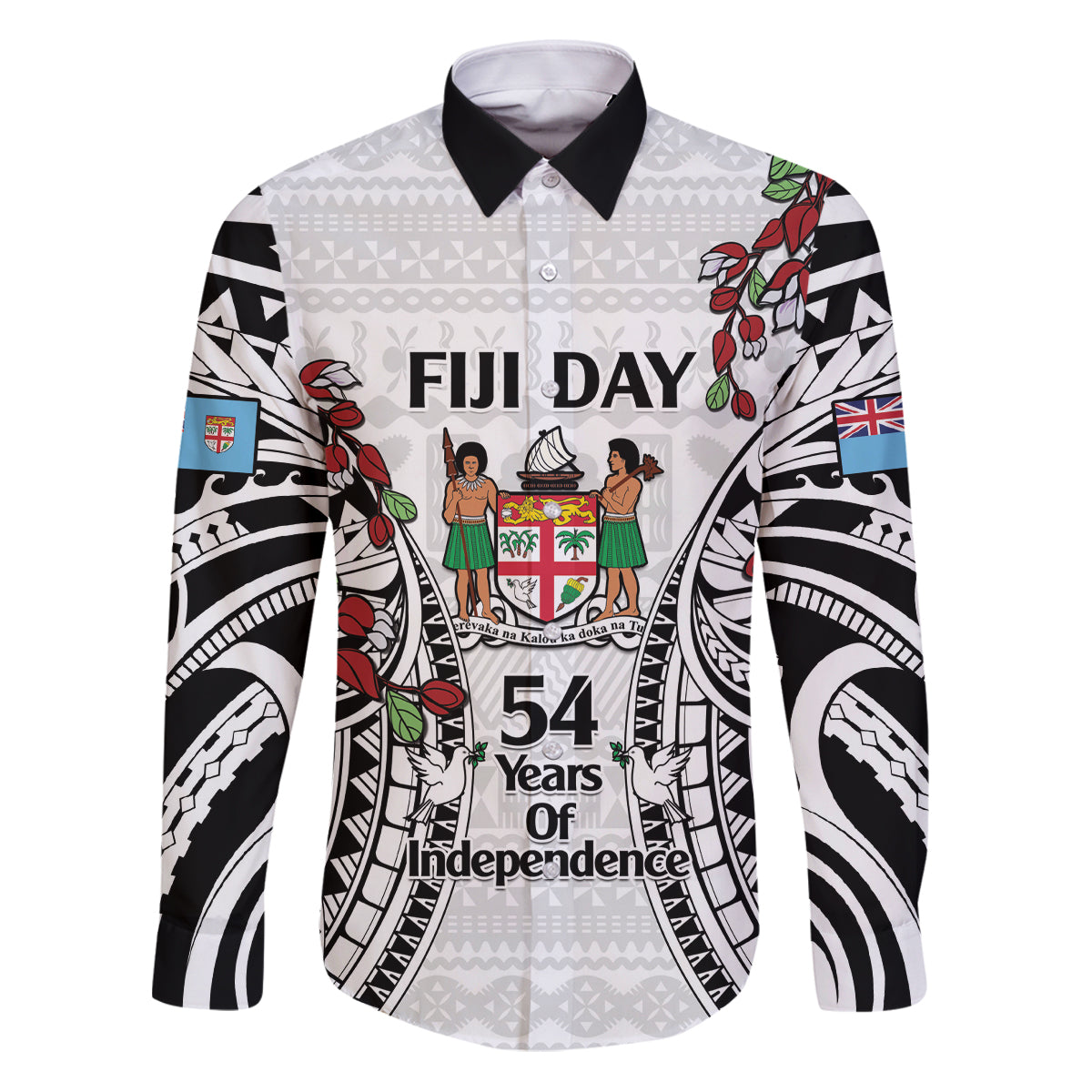Fiji Day Family Matching Puletasi and Hawaiian Shirt Happy 54 Years Of Independence Tapa Pattern White LT14 Dad's Shirt - Long Sleeve White - Polynesian Pride