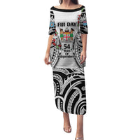 Fiji Day Family Matching Puletasi and Hawaiian Shirt Happy 54 Years Of Independence Tapa Pattern White LT14 Mom's Dress White - Polynesian Pride