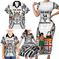 Fiji Day Family Matching Short Sleeve Bodycon Dress and Hawaiian Shirt Happy 54 Years Of Independence Tapa Pattern White LT14 - Polynesian Pride