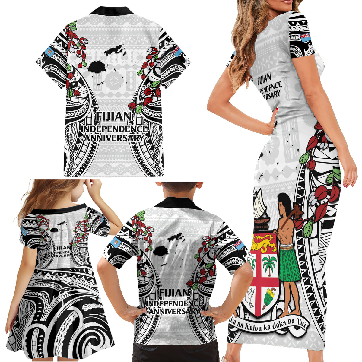 Fiji Day Family Matching Short Sleeve Bodycon Dress and Hawaiian Shirt Happy 54 Years Of Independence Tapa Pattern White LT14 - Polynesian Pride