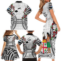 Fiji Day Family Matching Short Sleeve Bodycon Dress and Hawaiian Shirt Happy 54 Years Of Independence Tapa Pattern White LT14 - Polynesian Pride