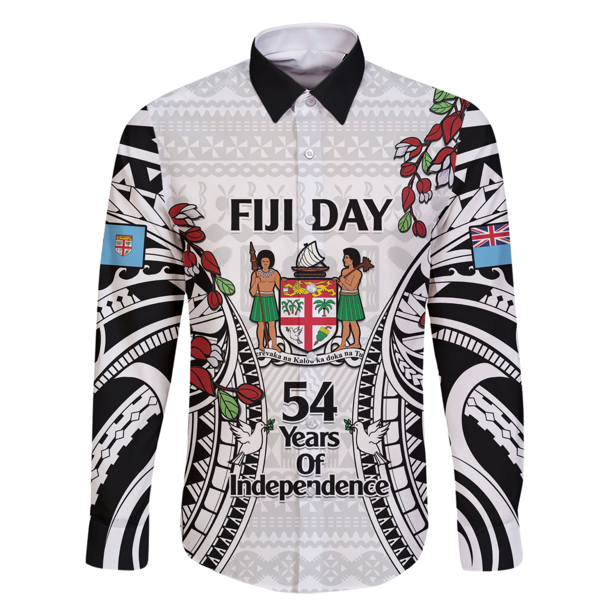 Fiji Day Family Matching Short Sleeve Bodycon Dress and Hawaiian Shirt Happy 54 Years Of Independence Tapa Pattern White LT14 Dad's Shirt - Long Sleeve White - Polynesian Pride