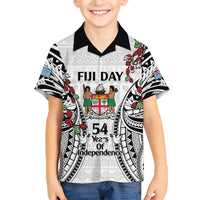 Fiji Day Family Matching Short Sleeve Bodycon Dress and Hawaiian Shirt Happy 54 Years Of Independence Tapa Pattern White LT14 Son's Shirt White - Polynesian Pride